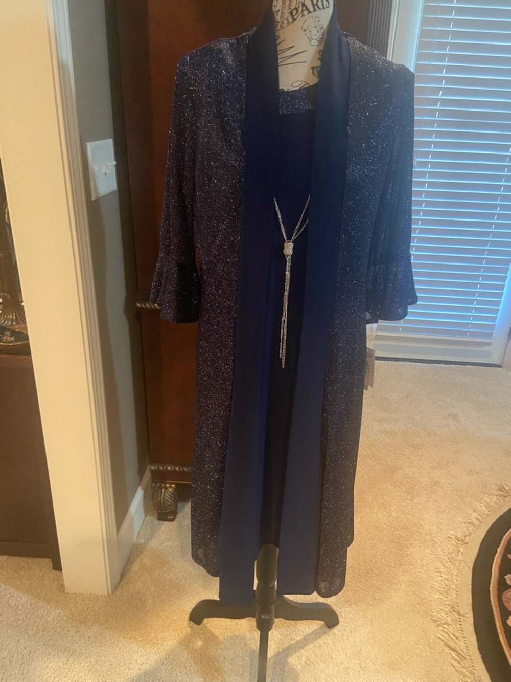 Navy Blue Sleeveless Embellished Neckline Dress